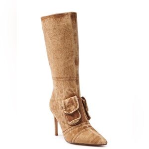 AZALEA WANG Tan Brown Washed Denim Cargo Boots